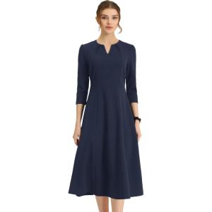 imageAllegra K Womens 34 Sleeve Dresses V Neck Elegant ALine Work Business Formal Midi Dress with PocketsNavy Blue