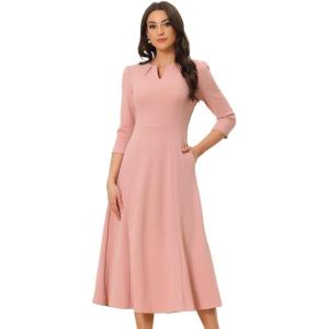 imageAllegra K Womens 34 Sleeve Dresses V Neck Elegant ALine Work Business Formal Midi Dress with PocketsPink