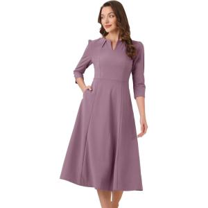 imageAllegra K Womens 34 Sleeve Dresses V Neck Elegant ALine Work Business Formal Midi Dress with PocketsPurple Grey