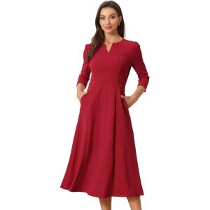 imageAllegra K Womens 34 Sleeve Dresses V Neck Elegant ALine Work Business Formal Midi Dress with PocketsRed