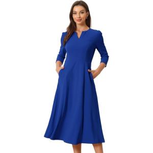 imageAllegra K Womens 34 Sleeve Dresses V Neck Elegant ALine Work Business Formal Midi Dress with PocketsRoyal Blue