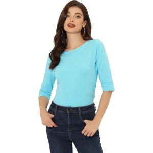 imageAllegra K Womens Casual Round Neck Elbow Sleeve t Shirts Slim Fit Blouses Tops FashionAqua Blue