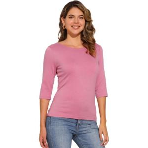 imageAllegra K Womens Casual Round Neck Elbow Sleeve t Shirts Slim Fit Blouses Tops FashionDark Pink