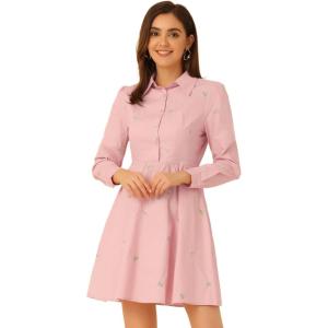 imageAllegra K Womens Casual Shirt Dress Long Sleeve Half Placket Embroidered Floral Mini DressesPink