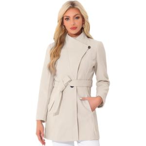 imageAllegra K Womens Classic Stand Collar Outwear Overcoat Long Sleeve Winter Belted Pea CoatBeige