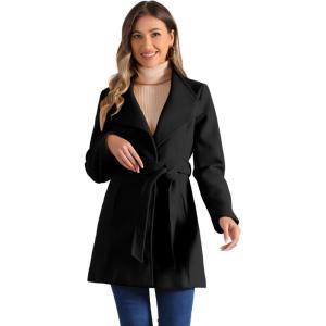 imageAllegra K Womens Classic Stand Collar Outwear Overcoat Long Sleeve Winter Belted Pea CoatBlack