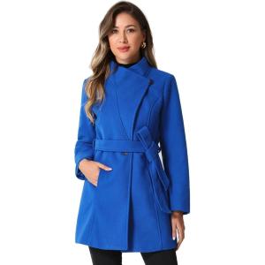 imageAllegra K Womens Classic Stand Collar Outwear Overcoat Long Sleeve Winter Belted Pea CoatBlue