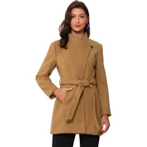 imageAllegra K Womens Classic Stand Collar Outwear Overcoat Long Sleeve Winter Belted Pea CoatCamel