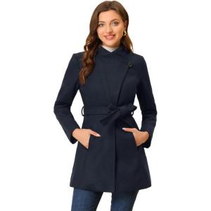 imageAllegra K Womens Classic Stand Collar Outwear Overcoat Long Sleeve Winter Belted Pea CoatDark Blue