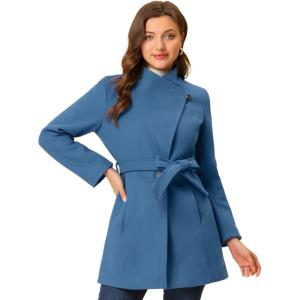 imageAllegra K Womens Classic Stand Collar Outwear Overcoat Long Sleeve Winter Belted Pea CoatDark Grey Blue