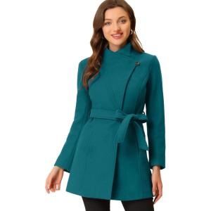 imageAllegra K Womens Classic Stand Collar Outwear Overcoat Long Sleeve Winter Belted Pea CoatDark Lake Blue