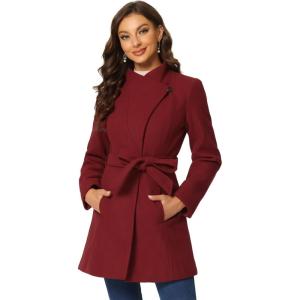 imageAllegra K Womens Classic Stand Collar Outwear Overcoat Long Sleeve Winter Belted Pea CoatDark Red