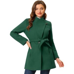 imageAllegra K Womens Classic Stand Collar Outwear Overcoat Long Sleeve Winter Belted Pea CoatGreen