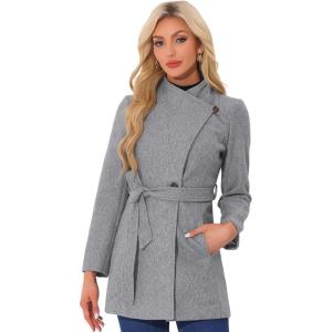 imageAllegra K Womens Classic Stand Collar Outwear Overcoat Long Sleeve Winter Belted Pea CoatGrey