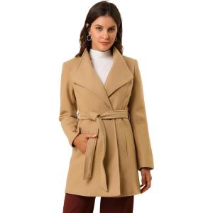imageAllegra K Womens Classic Stand Collar Outwear Overcoat Long Sleeve Winter Belted Pea CoatKhaki