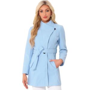 imageAllegra K Womens Classic Stand Collar Outwear Overcoat Long Sleeve Winter Belted Pea CoatLight Blue