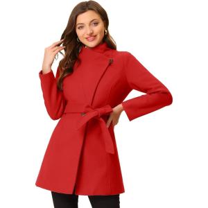 imageAllegra K Womens Classic Stand Collar Outwear Overcoat Long Sleeve Winter Belted Pea CoatRed