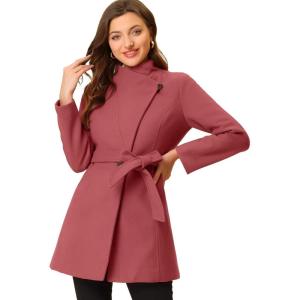 imageAllegra K Womens Classic Stand Collar Outwear Overcoat Long Sleeve Winter Belted Pea CoatWatermelon Red