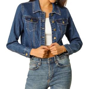 imageAllegra K Womens Denim Jackets 2025 Casual Button Down Long Sleeves Crop Jean JacketDark Blue