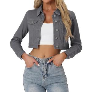 imageAllegra K Womens Denim Jackets 2025 Casual Button Down Long Sleeves Crop Jean JacketGrey