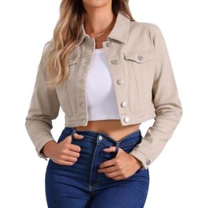 imageAllegra K Womens Denim Jackets 2025 Casual Button Down Long Sleeves Crop Jean JacketLight Khaki