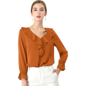 imageAllegra K Womens Ruffle Blouse for Business Work Elegant V Neck Long Sleeve Casual Dressy TopBrown