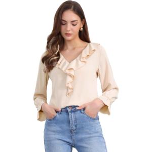 imageAllegra K Womens Ruffle Blouse for Business Work Elegant V Neck Long Sleeve Casual Dressy TopLight Beige
