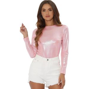 imageAllegra K Womens Sparkly Glitter Tops Shiny Metallic 80s Disco OutfitsPink
