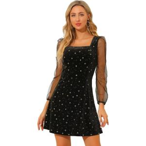imageAllegra K Womens Sparkly Glitter Velvet Mesh Sheer Sleeve Star Metallic DressBlack