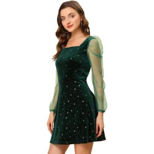 imageAllegra K Womens Sparkly Glitter Velvet Mesh Sheer Sleeve Star Metallic DressGreen
