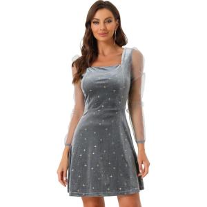 imageAllegra K Womens Sparkly Glitter Velvet Mesh Sheer Sleeve Star Metallic DressGrey
