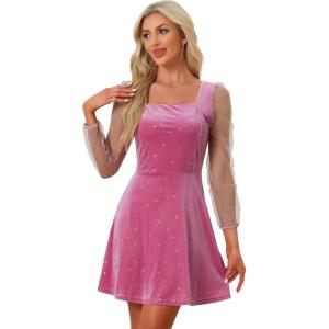 imageAllegra K Womens Sparkly Glitter Velvet Mesh Sheer Sleeve Star Metallic DressHot Pink
