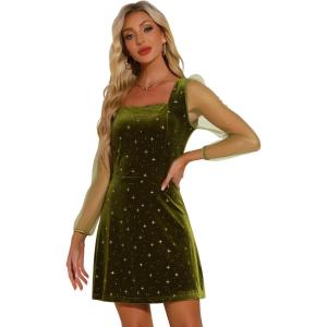 imageAllegra K Womens Sparkly Glitter Velvet Mesh Sheer Sleeve Star Metallic DressOlive Green