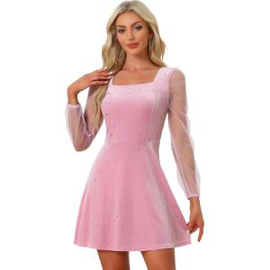 imageAllegra K Womens Sparkly Glitter Velvet Mesh Sheer Sleeve Star Metallic DressPink