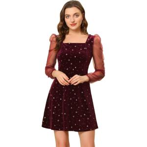 imageAllegra K Womens Sparkly Glitter Velvet Mesh Sheer Sleeve Star Metallic DressRed