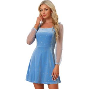 imageAllegra K Womens Sparkly Glitter Velvet Mesh Sheer Sleeve Star Metallic DressSky Blue