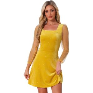 imageAllegra K Womens Sparkly Glitter Velvet Mesh Sheer Sleeve Star Metallic DressYellow
