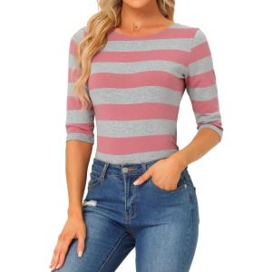 imageAllegra K Womens Striped Top Round Neck Tops Casual Long Sleeve ShirtPink Gray