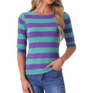 imageAllegra K Womens Striped Top Round Neck Tops Casual Long Sleeve ShirtPurple Green