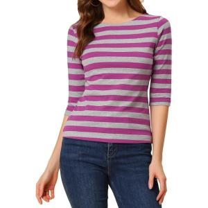 imageAllegra K Womens Striped Top Round Neck Tops Casual Long Sleeve ShirtRose Red