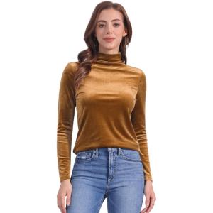 imageAllegra K Womens Turtleneck Velvet Top Long Sleeve Work Shirts Basic Velour BlouseBrown