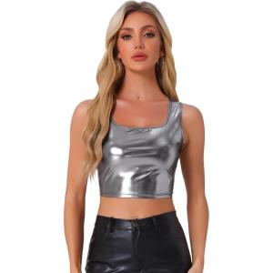 imageAllegra K Womens U Neck Sleeveless Halloween Party Clubwear Holographic Shiny Metallic Crop TopBlack Silver
