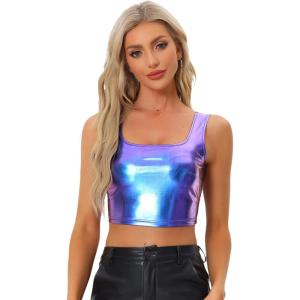imageAllegra K Womens U Neck Sleeveless Halloween Party Clubwear Holographic Shiny Metallic Crop TopBlue Purple