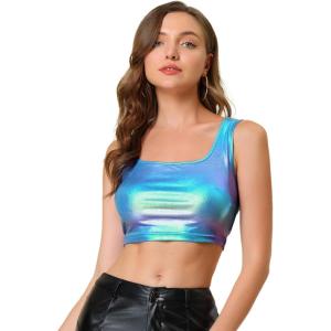 imageAllegra K Womens U Neck Sleeveless Halloween Party Clubwear Holographic Shiny Metallic Crop TopBlue Silver