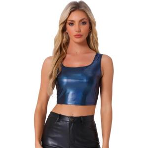 imageAllegra K Womens U Neck Sleeveless Halloween Party Clubwear Holographic Shiny Metallic Crop TopDark Blue