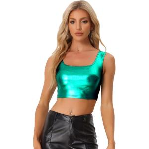 imageAllegra K Womens U Neck Sleeveless Halloween Party Clubwear Holographic Shiny Metallic Crop TopGreen