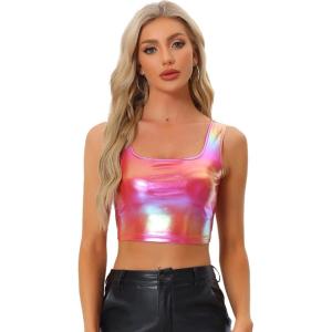 imageAllegra K Womens U Neck Sleeveless Halloween Party Clubwear Holographic Shiny Metallic Crop TopHolographic Red
