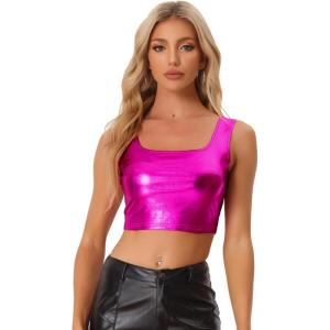 imageAllegra K Womens U Neck Sleeveless Halloween Party Clubwear Holographic Shiny Metallic Crop TopHot Pink