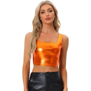 imageAllegra K Womens U Neck Sleeveless Halloween Party Clubwear Holographic Shiny Metallic Crop TopOrange