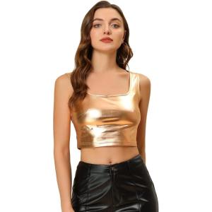 imageAllegra K Womens U Neck Sleeveless Halloween Party Clubwear Holographic Shiny Metallic Crop TopRose Gold